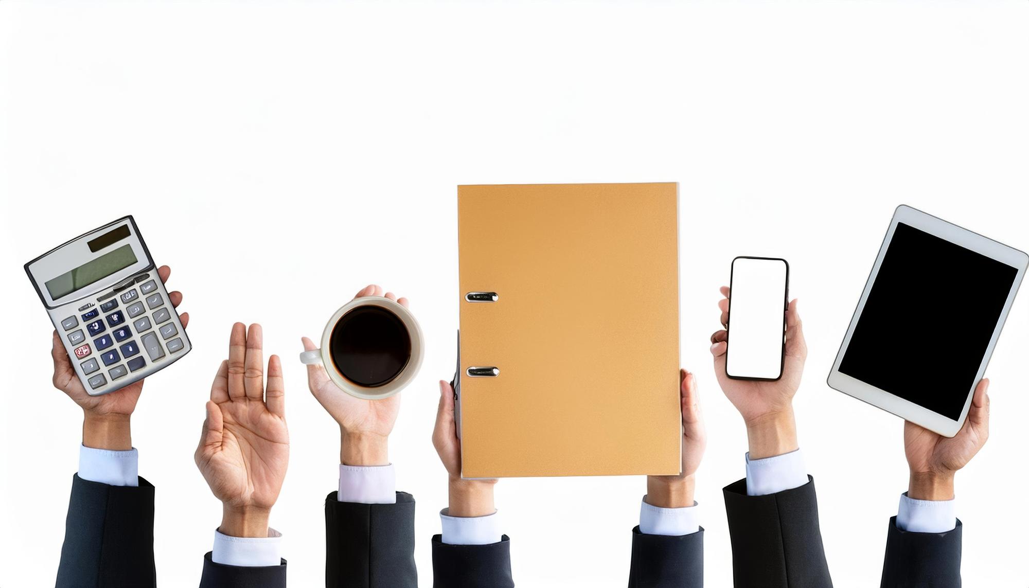 Hands assembling budget notes on table